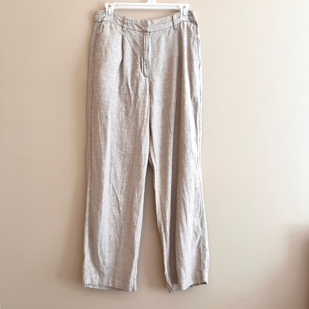 Old Navy Womens Linen Blend Pleated Straight Wide Leg Pants Oatmeal Beige Size M